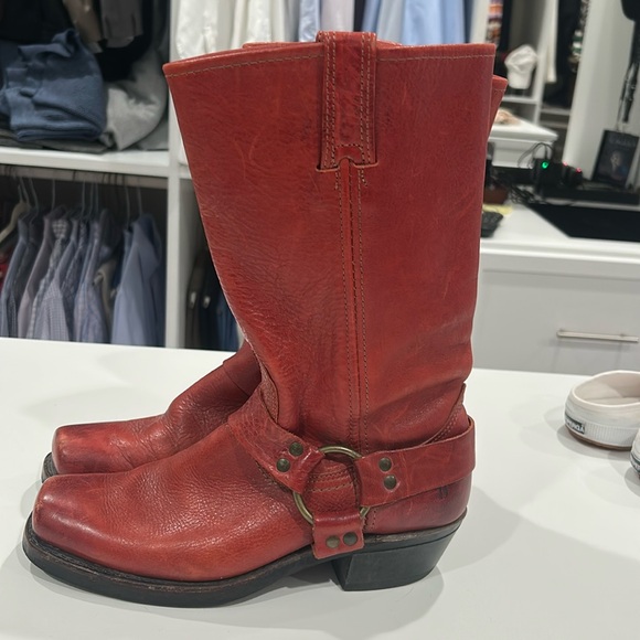 Frye Shoes - Frye Red Leather Harness Mid-Calf Heeled Boots